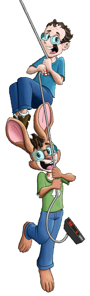 A cartoon human and a cartoon rabbit hang from a cable. At the end of the cable is a modem